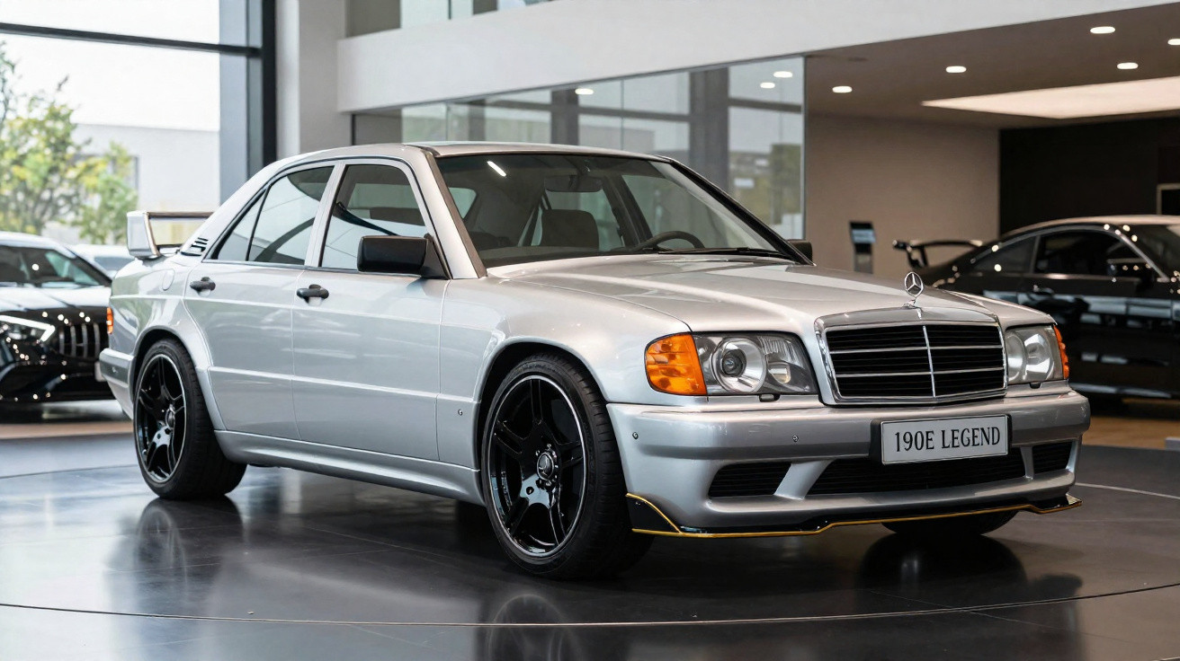 Mercedes-Benz 190E 2.5-16 Evolution II prata com jantes pretas exposta em salão automóvel moderno.