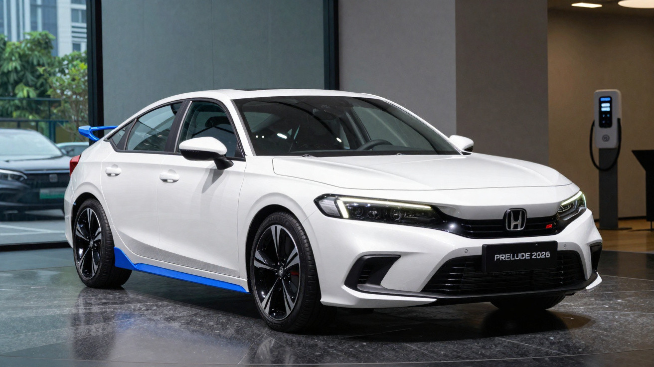 Carro desportivo Honda Prelude 2026 branco com detalhes azuis, estacionado em interior moderno.
