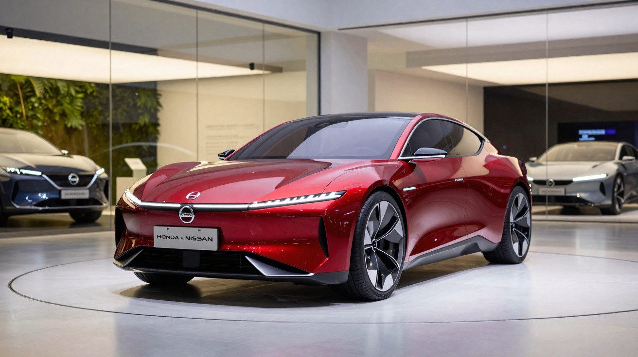 Carro desportivo elétrico vermelho, futurista, exibido numa exposição com dois carros ao fundo num espaço moderno.