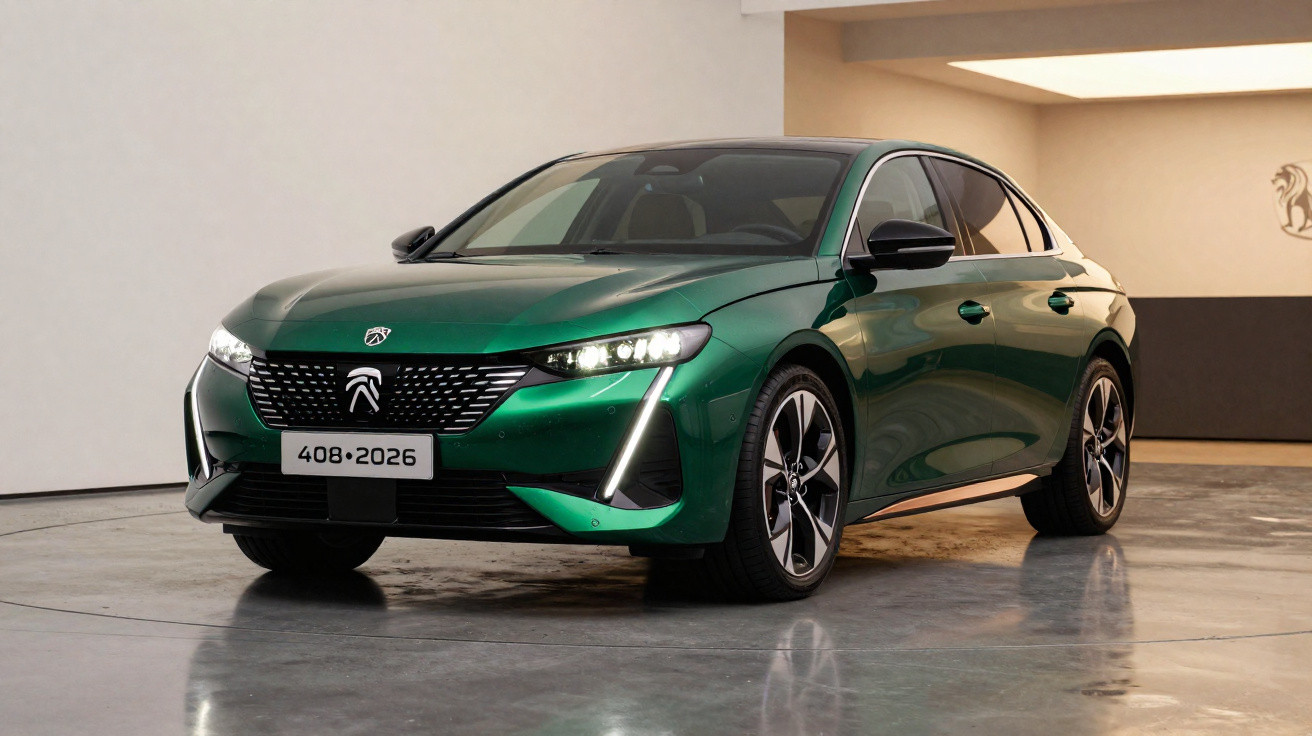 Carro sedan verde metalizado Peugeot 408 2026 estacionado em piso de garagem interior.