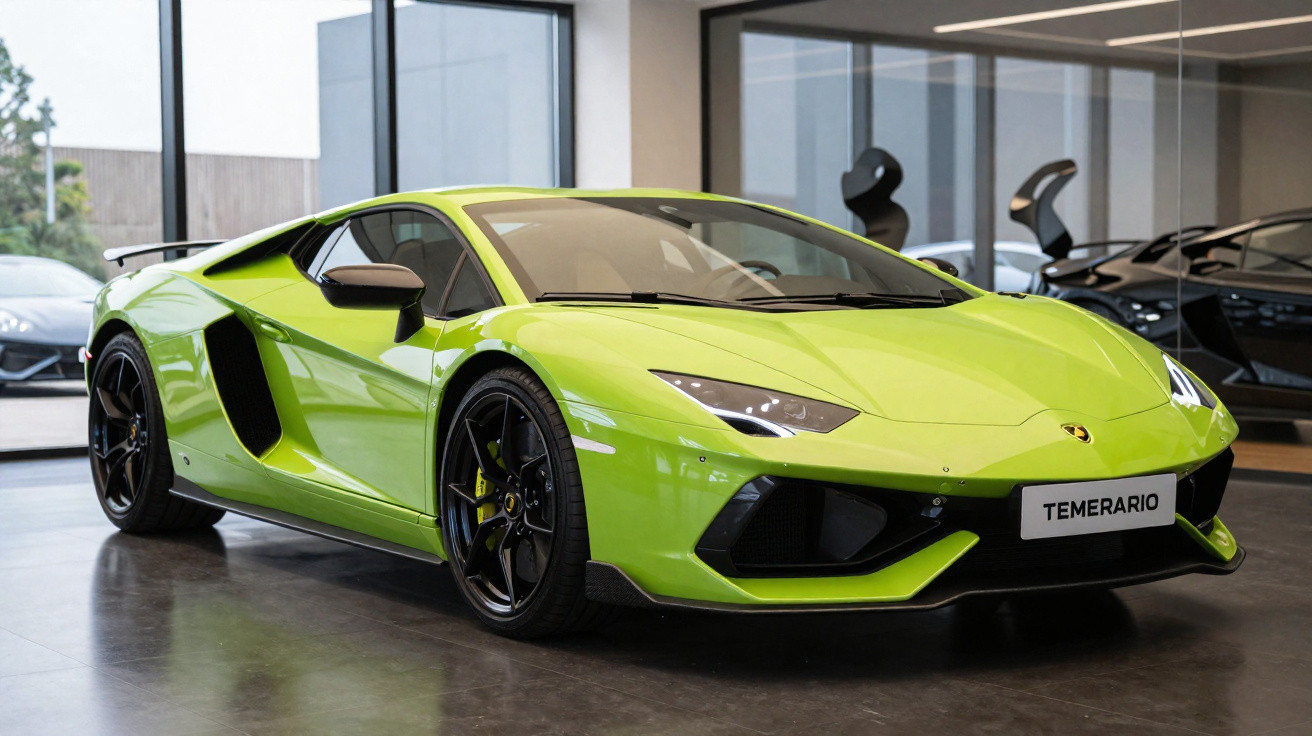 Carro desportivo Lamborghini verde brilhante num showroom com placas a dizer TEMERARIO.