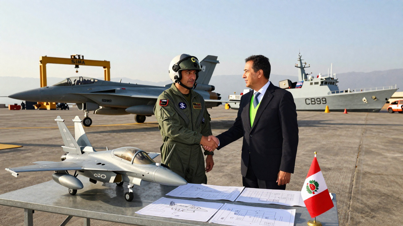 Piloto militar e homem de fato aperto de mão em pista com maquete de avião, plantas e bandeira do Peru.