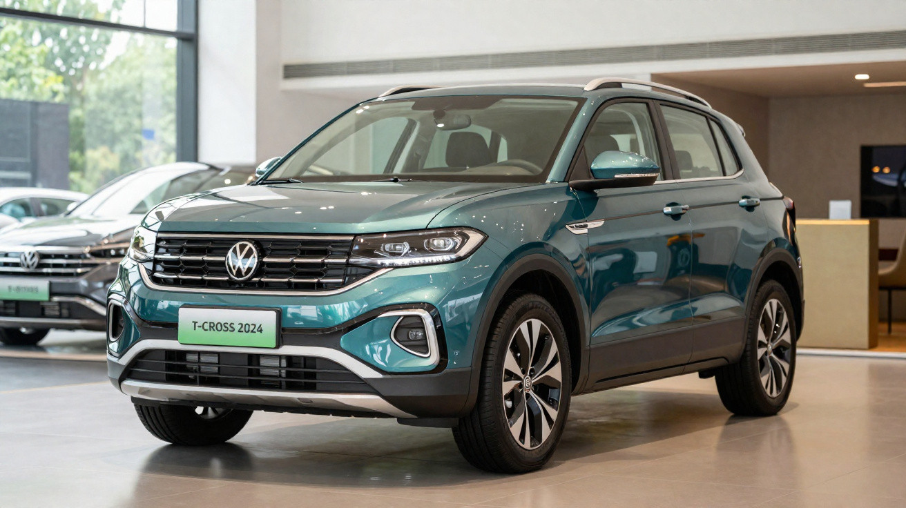 Carro Volkswagen T-Cross 2024 verde exposto numa sala de showroom moderna e luminosa.