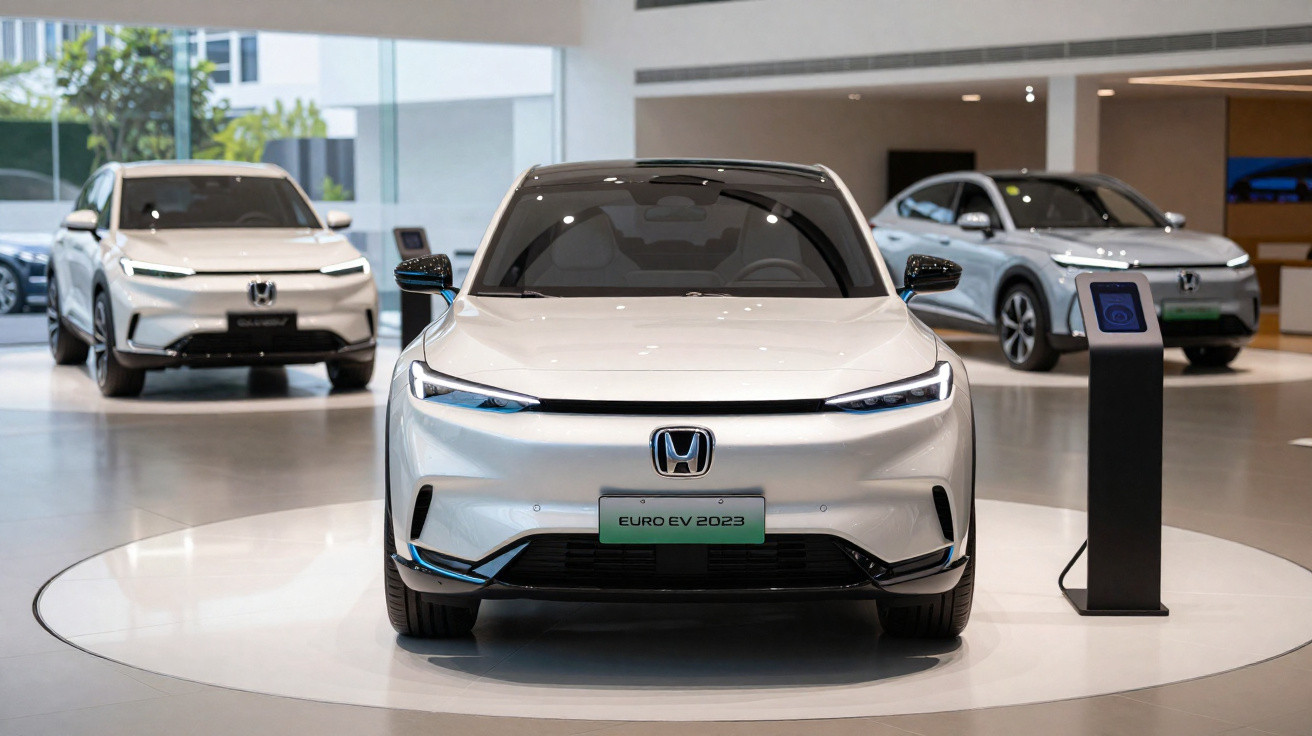 Carros elétricos Honda Euro EV 2023 expostos numa loja moderna com chão branco e iluminação natural.