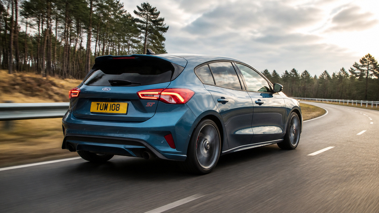 Carro desportivo azul a circular numa estrada curva rodeada de árvores e um céu nublado.