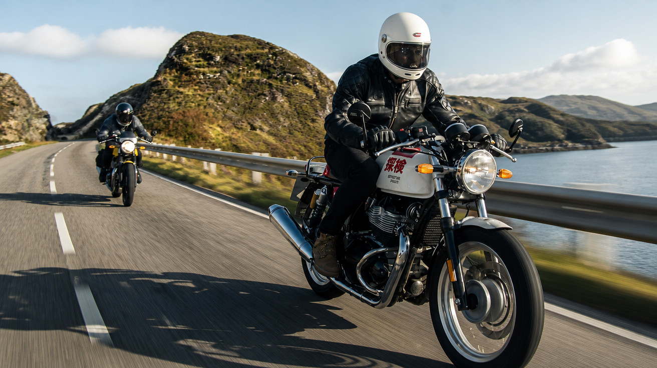 Duas pessoas a conduzir motocicletas numa estrada costeira com colinas e mar ao fundo.