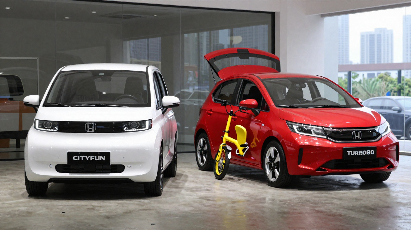 Dois carros Honda estacionados em garagem, um branco modelo City Fun e um vermelho modelo Turbo 80 com porta traseira aberta 