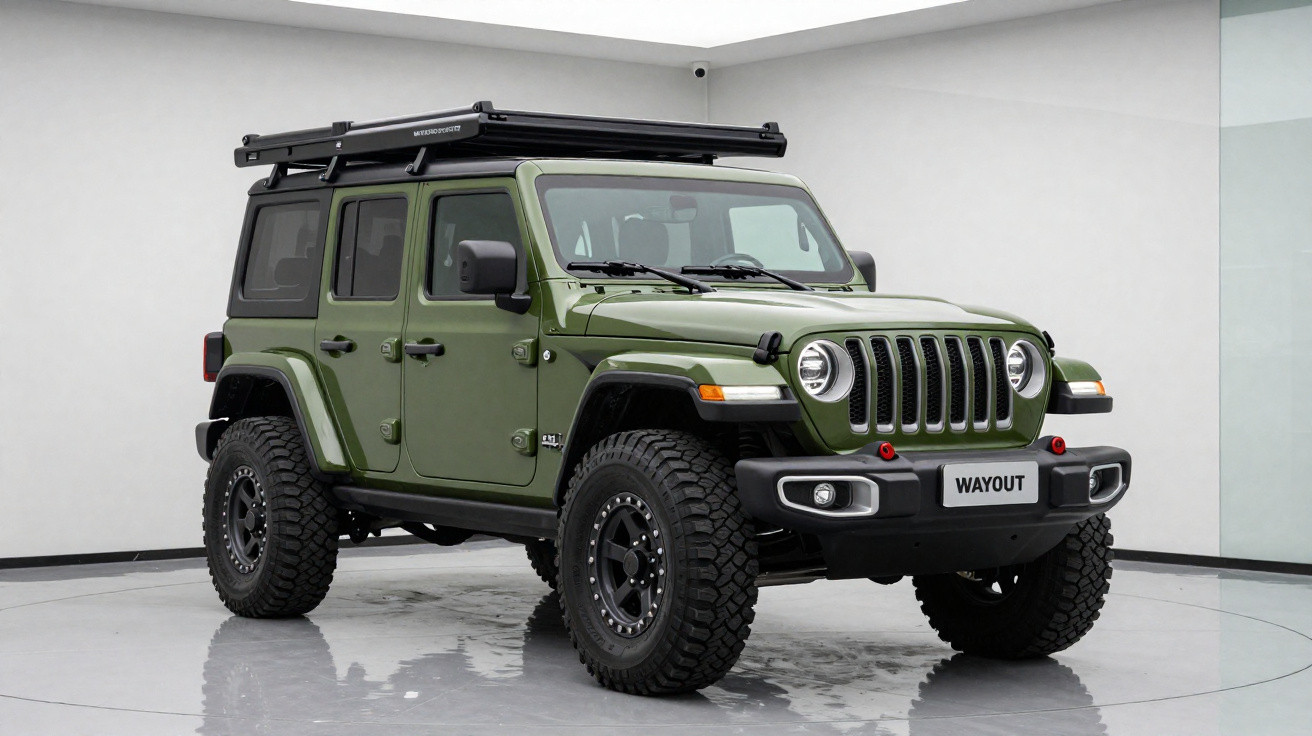 Veículo todo-o-terreno verde militar, modelo Jeep Wrangler, com pneus grandes e tejadilho para transporte.