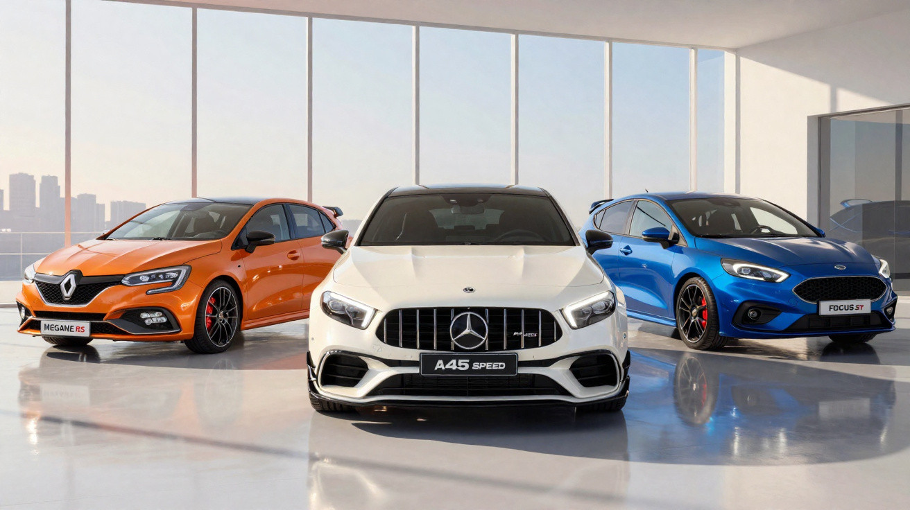 Três carros desportivos estacionados em interior moderno com janelas amplas, cores laranja, branco e azul.