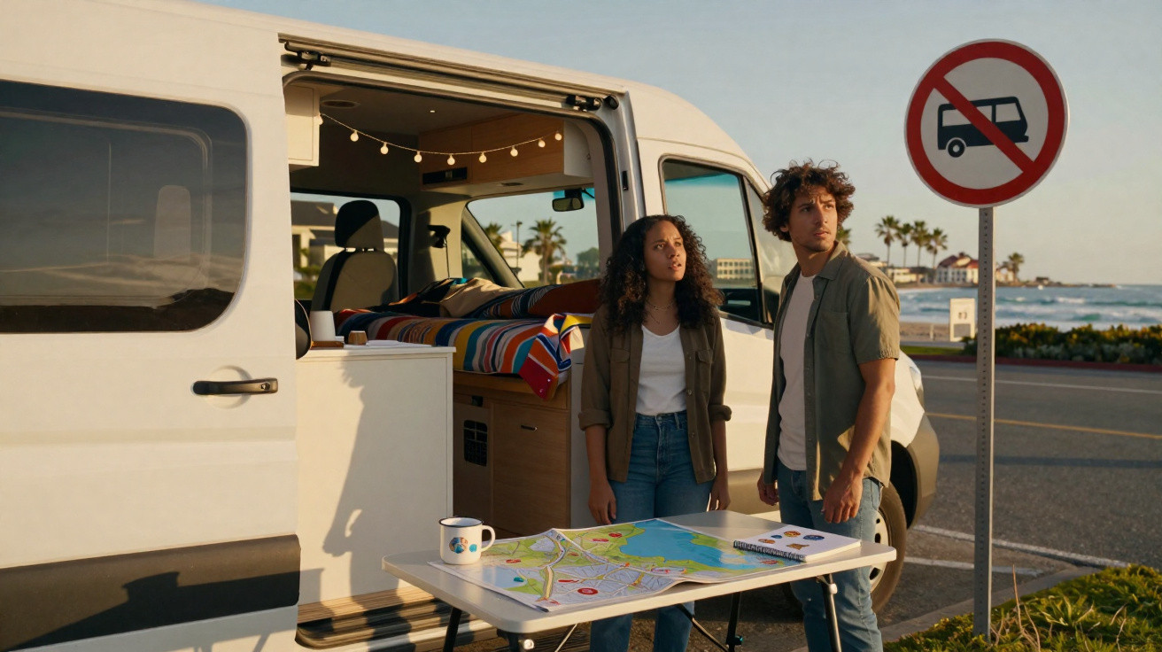 Casal junto a autocaravana com mapa numa mesa, junto a sinal de proibição de autocaravanas perto do mar.