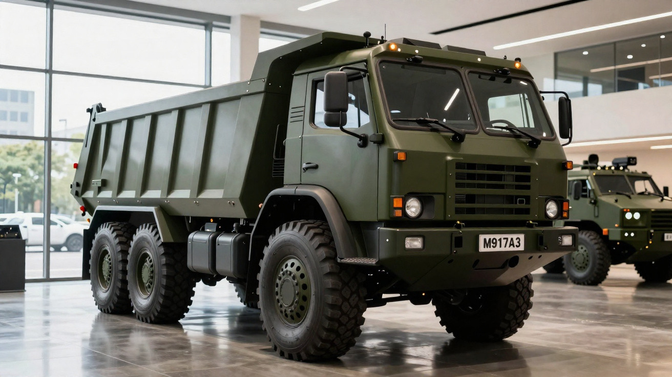 Camião militar verde com seis rodas exposto em showroom moderno e iluminado.