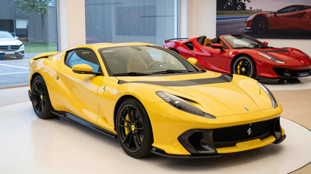Carro desportivo Ferrari amarelo com jantes pretas numa exposição, com um Ferrari vermelho atrás.