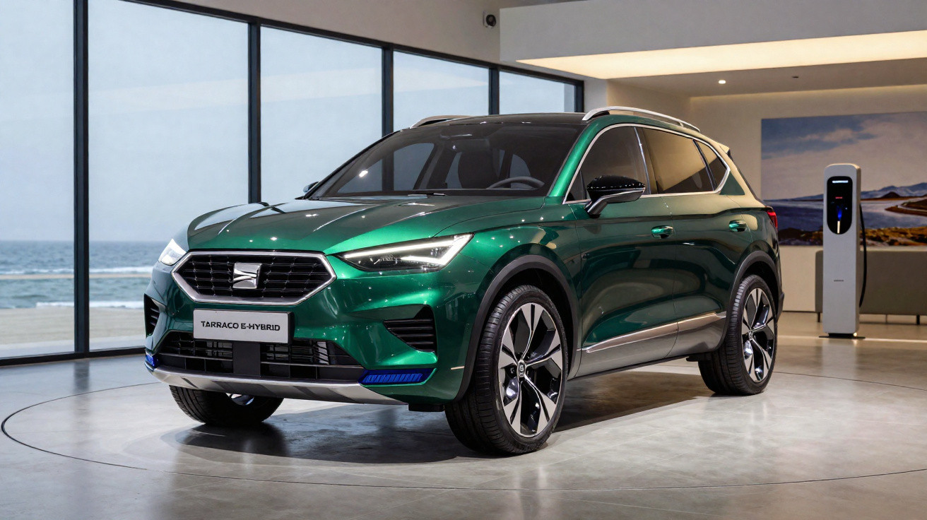 Automóvel SUV Seat Tarraco e-Hybrid verde exposto num showroom moderno com vista para o mar.