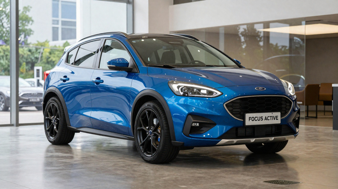Carro Ford Focus Active azul estacionado num showroom moderno com chão de cimento polido.