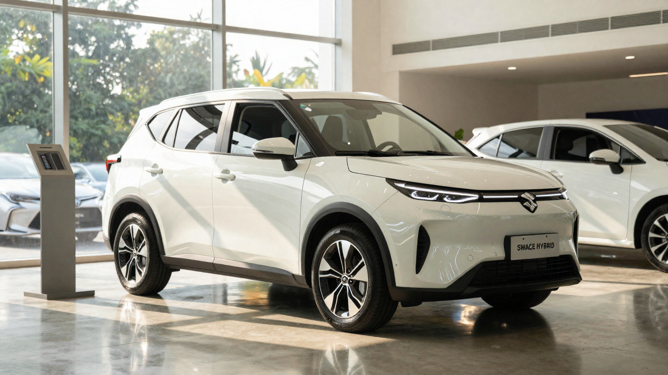 Carro SUV branco Suzuki Swace Hybrid em exposição num showroom moderno.