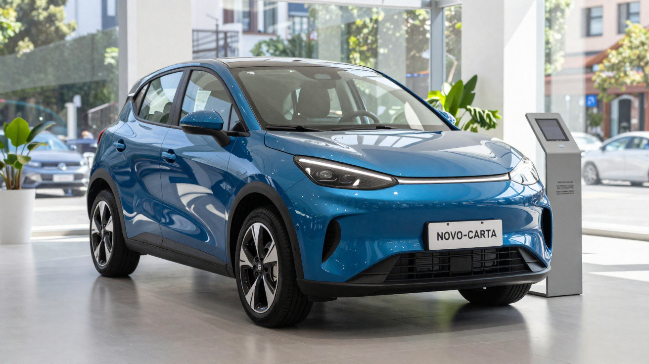 Carro elétrico azul Novo-Carta exposto em salão moderno com janelas amplas e iluminação natural.