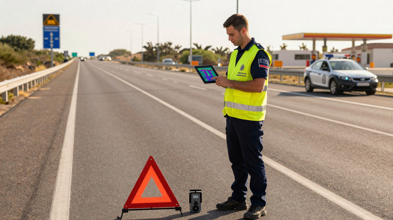 Agente da polícia viária em colete refletor, usando tablet na estrada com triângulo de sinalização e viatura ao fundo.