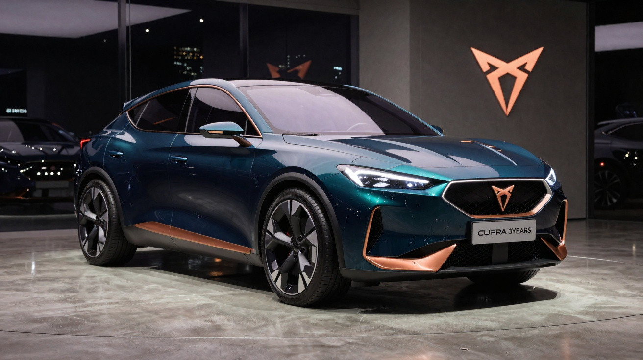 Automóvel elétrico Cupra escuro em exposição interior com detalhes em cobre e faróis ligados.