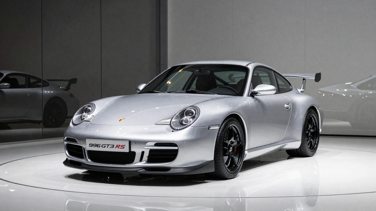 Carro desportivo Porsche 996 GT3 RS prata em exposição sob luz branca.