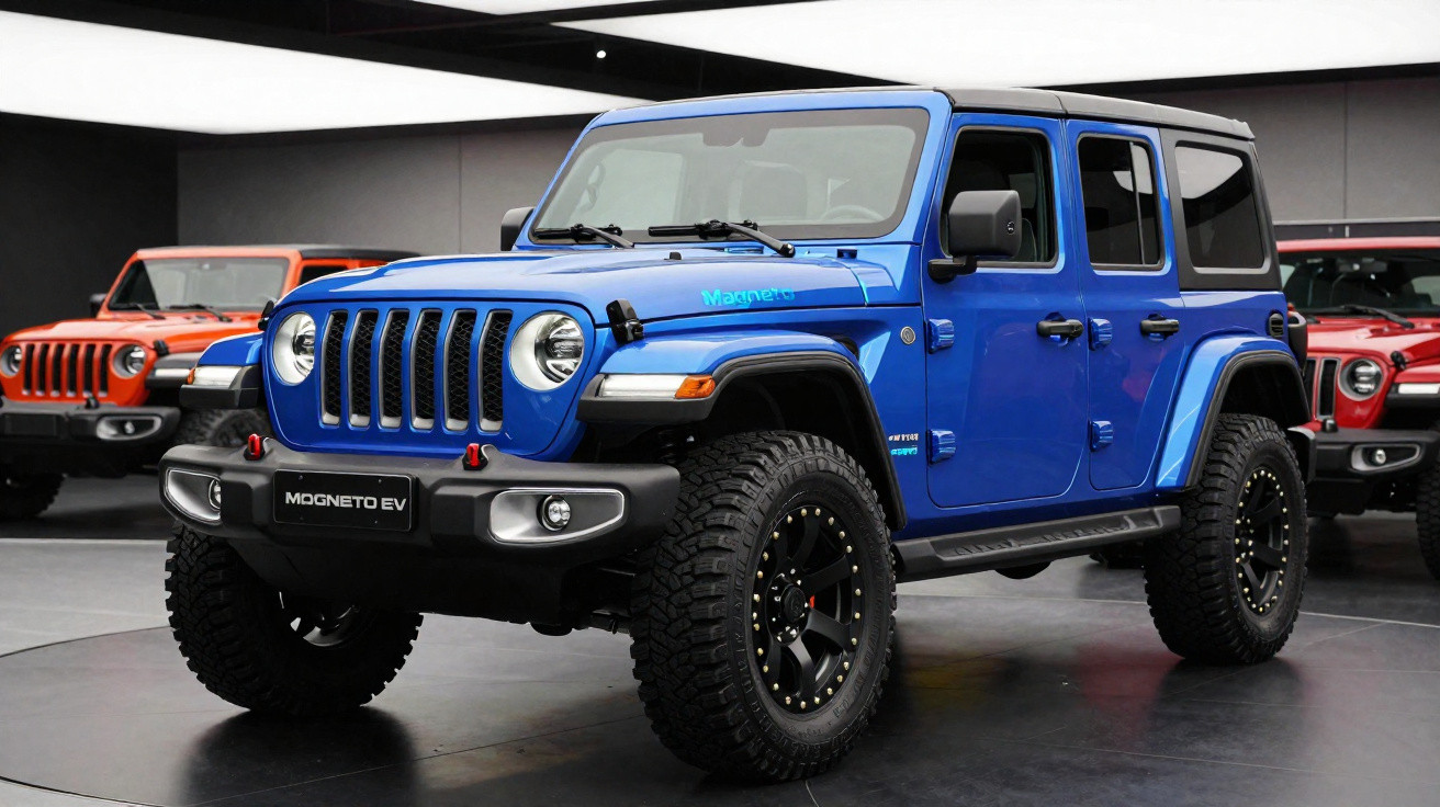 Veículo Jeep Magneto EV azul estacionado em showroom com outros carros ao fundo.