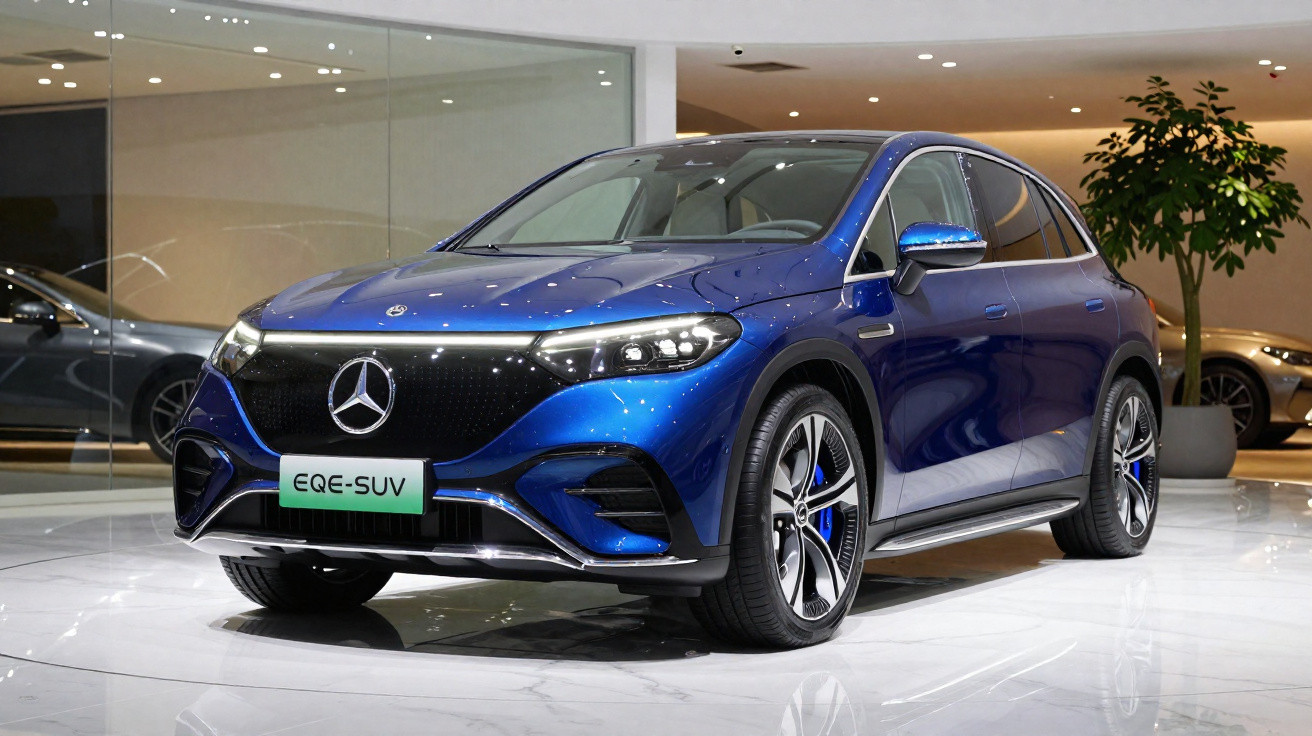 Carro elétrico Mercedes EQE-SUV azul exposto em showroom moderno com piso e paredes brancas.