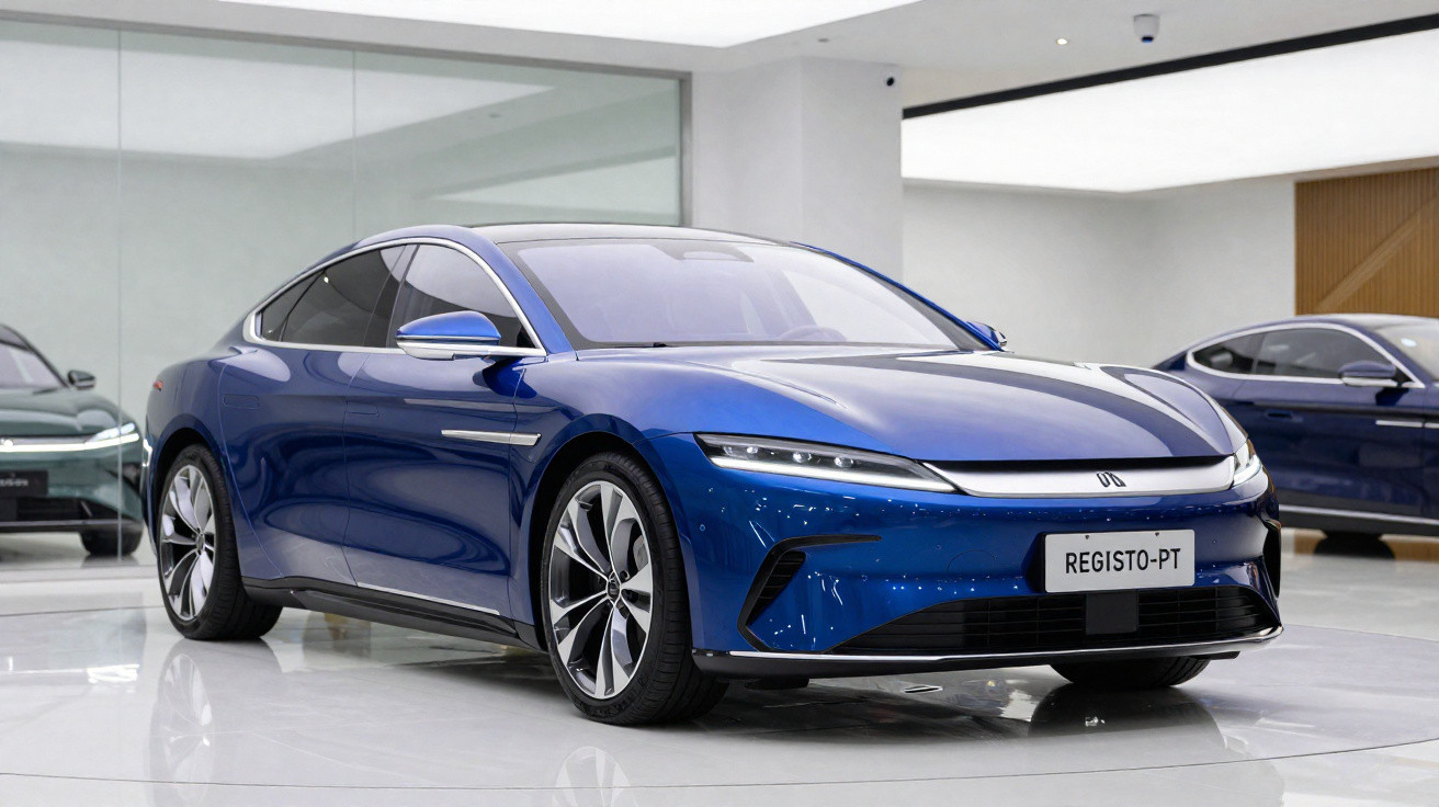Carro elétrico desportivo azul em exibição numa sala moderna com piso branco brilhante.