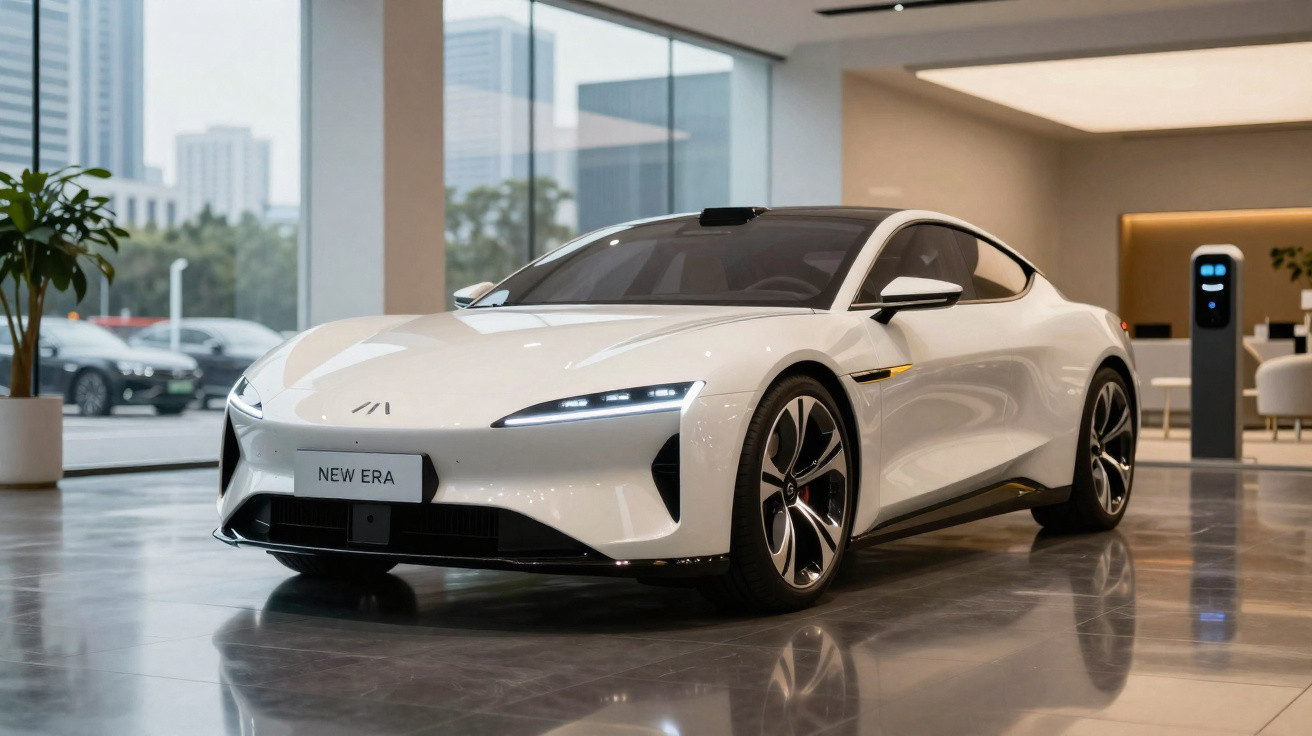 Carro elétrico branco futurista estacionado em showroom com grandes janelas e chão brilhante.