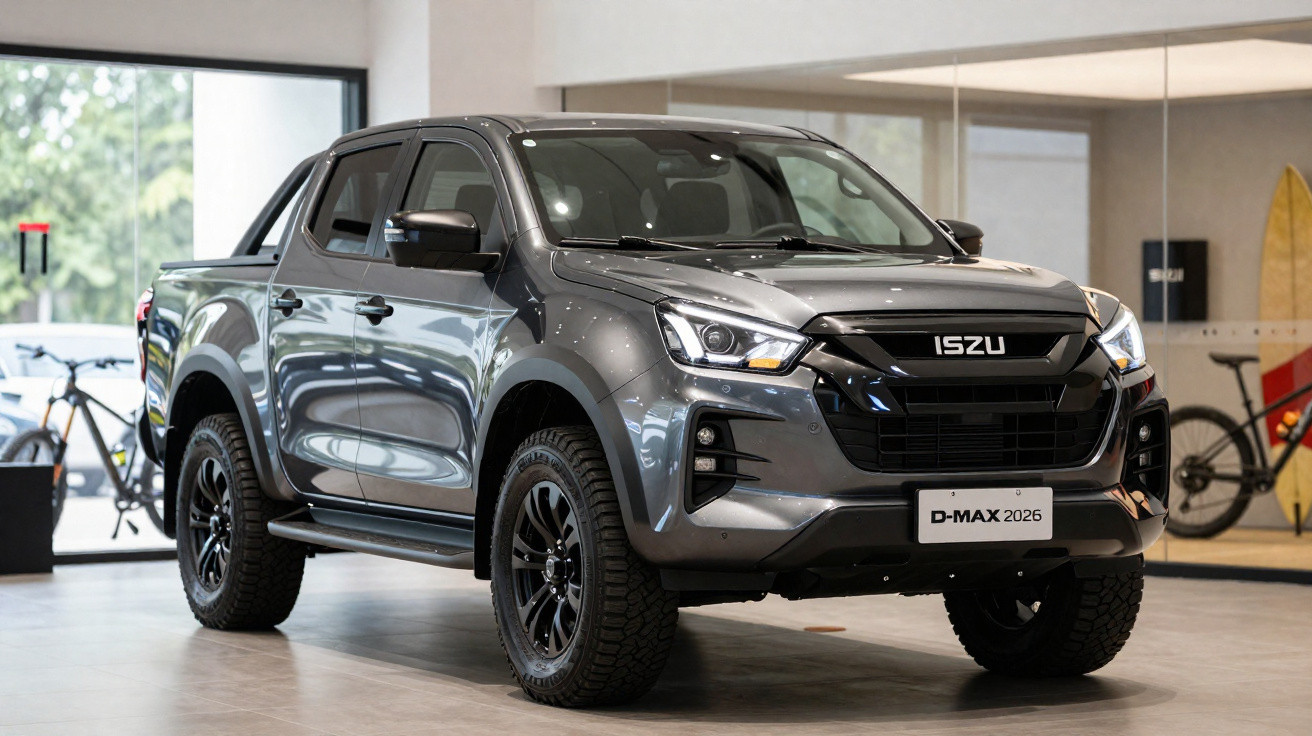 Picape Isuzu D-Max 2026 cinzenta exposta numa sala moderna com bicicletas e prancha de surf ao fundo.