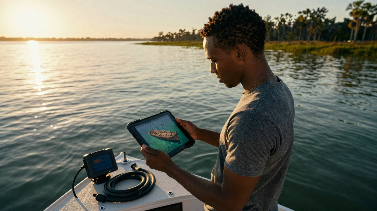 Homem a usar tablet num barco ao pôr do sol num lago rodeado de árvores.