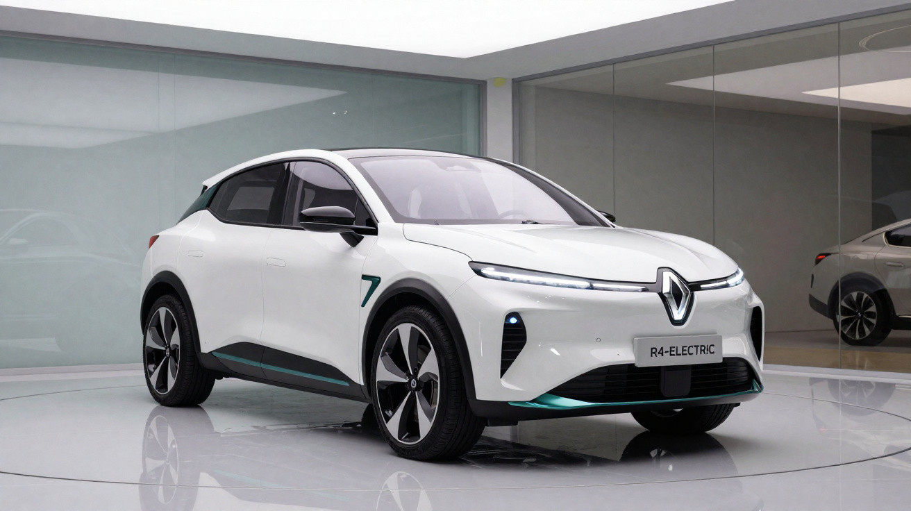 Carro elétrico branco Renault R4 estacionado em ambiente moderno com paredes de vidro.