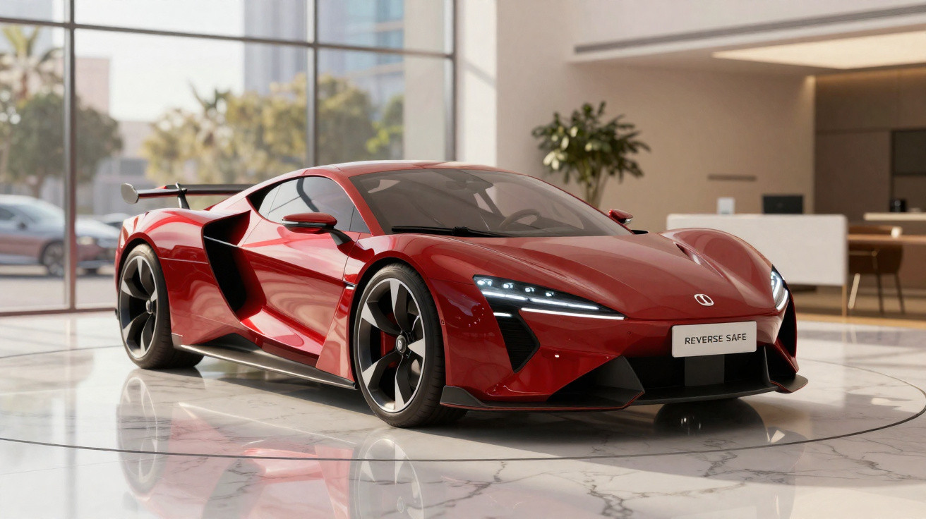 Carro desportivo vermelho com design aerodinâmico e luzes LED, em ambiente interior moderno.