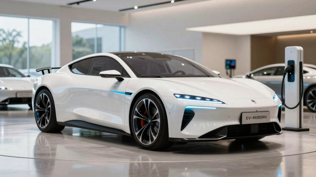 Carro elétrico desportivo branco estacionado junto a carregador num espaço interior moderno.