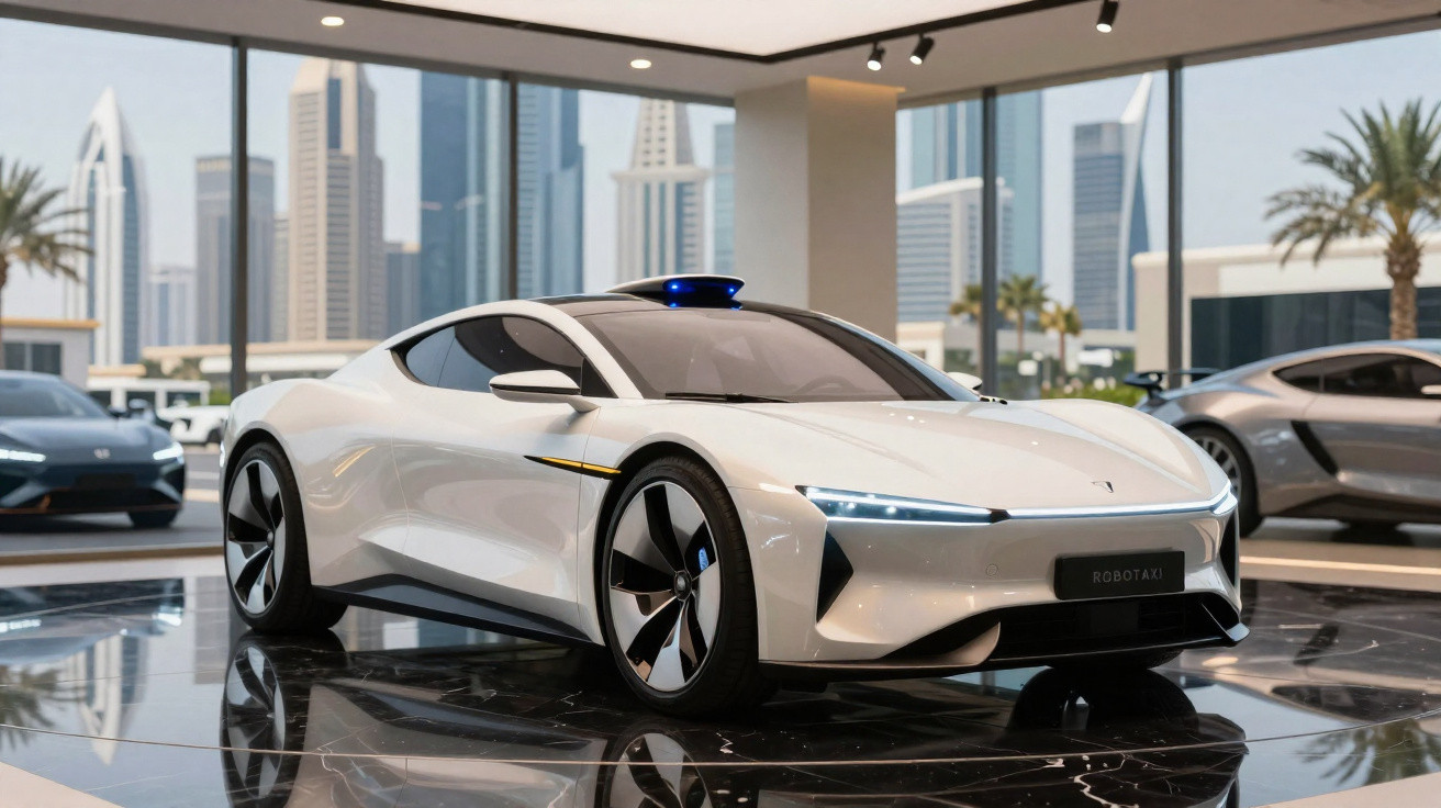 Carro branco futurista elétrico autónomo em exposição com arranha-céus ao fundo, em área urbana moderna.