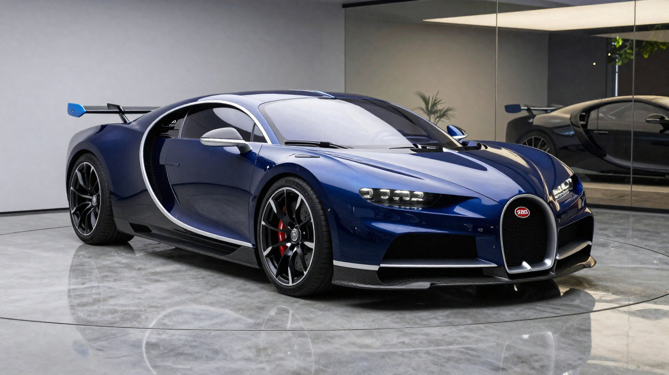 Carro desportivo Bugatti Chiron azul estacionado num espaço moderno com chão cinza e paredes espelhadas.