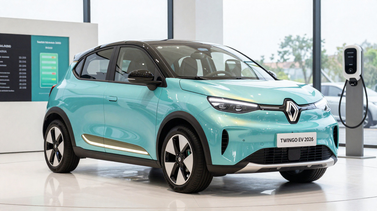 Carro elétrico Renault Twingo EV 2026 azul claro exposto em showroom moderno.