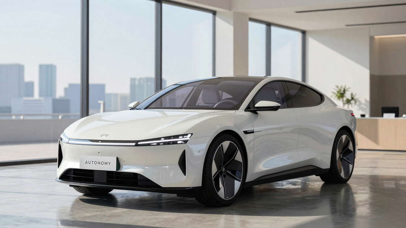 Carro elétrico branco com design futurista estacionado em espaço interior moderno com janelas amplas.