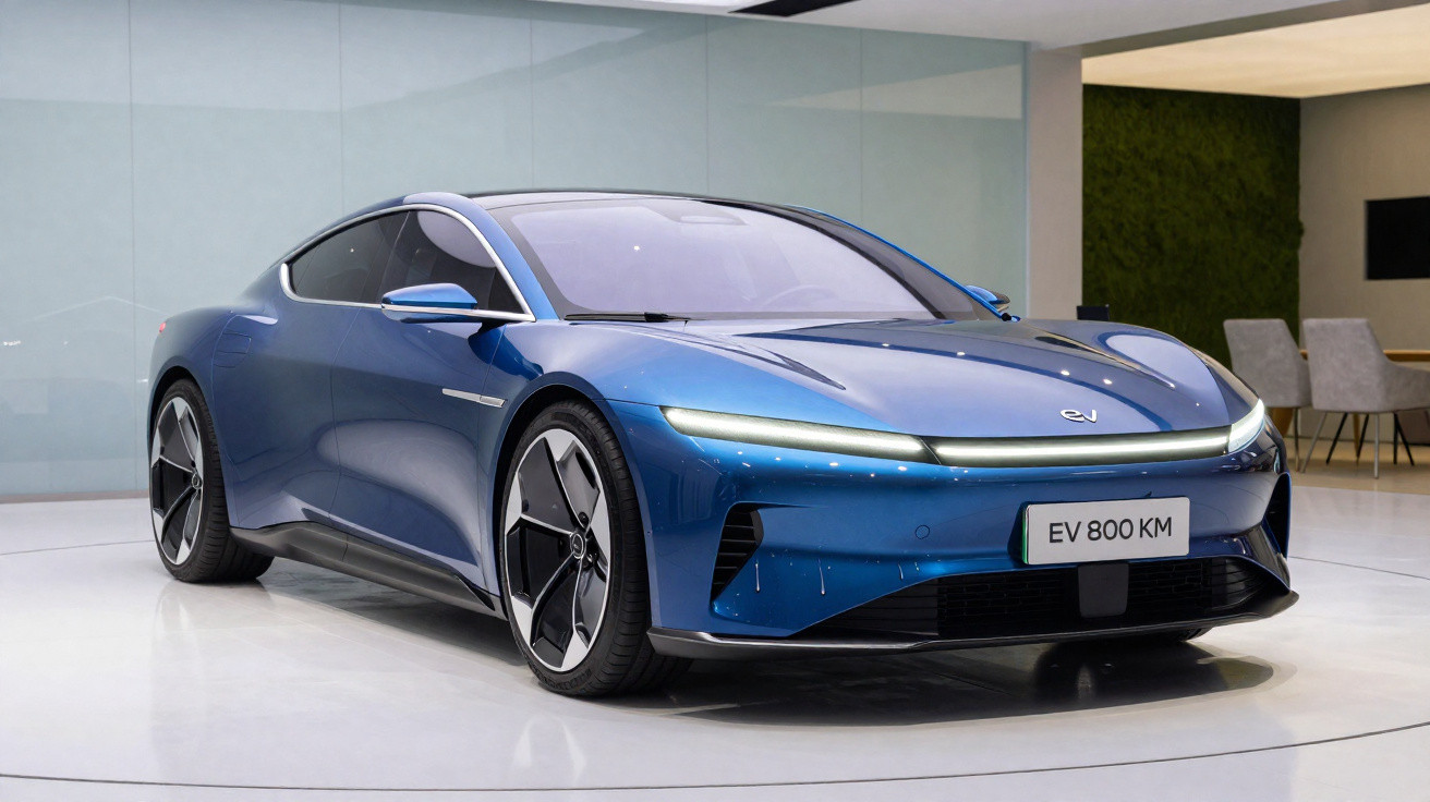 Carro elétrico desportivo azul, com design aerodinâmico e faróis LED finos, em exposição interior moderna.