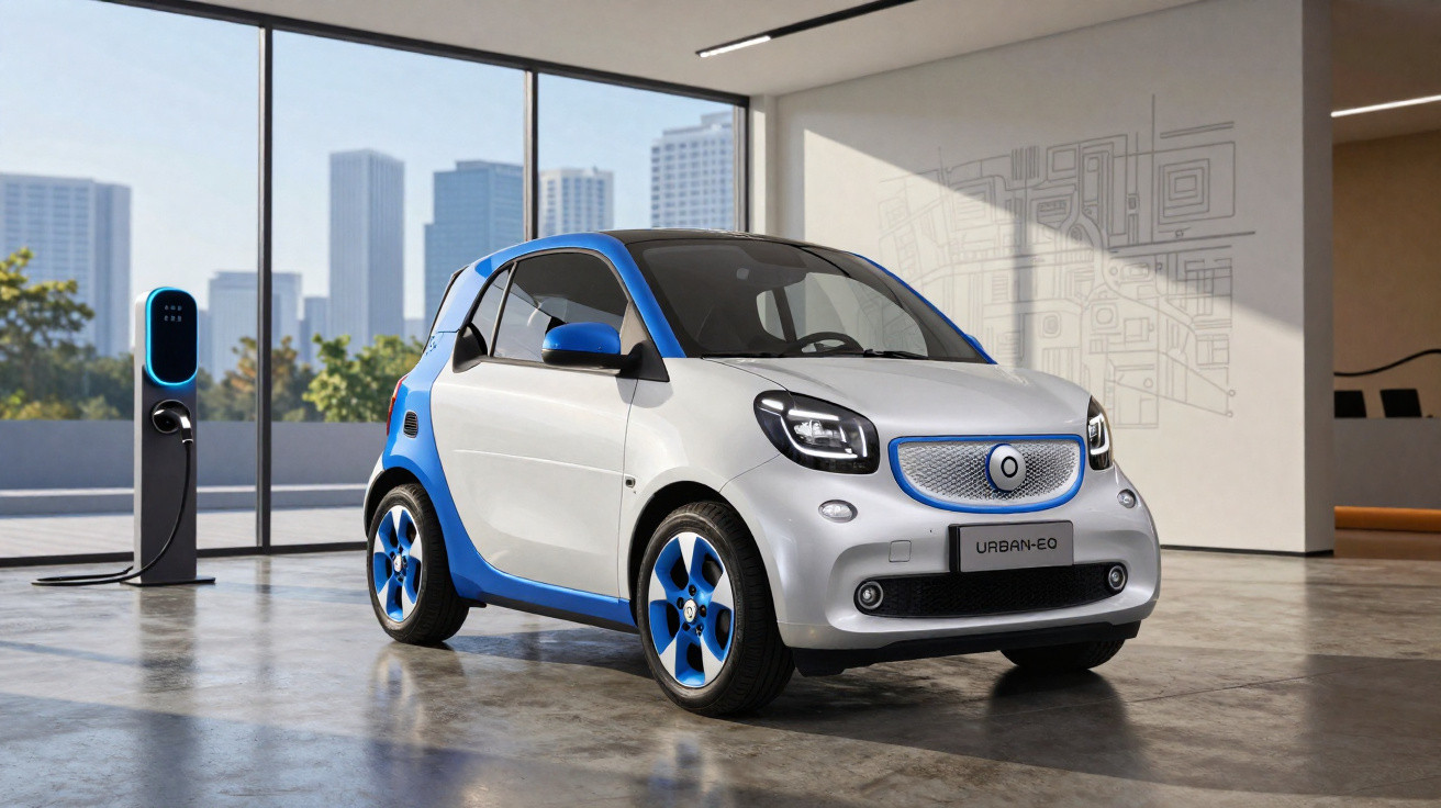 Carro elétrico urbano branco e azul a carregar numa estação de carregamento numa garagem moderna com vista para cidade.