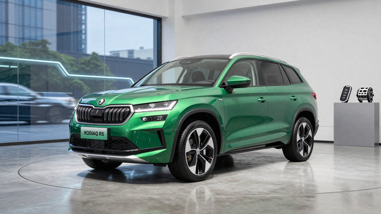 Carro SUV verde Škoda Kodiaq RS estacionado num showroom moderno com chão de cimento polido.