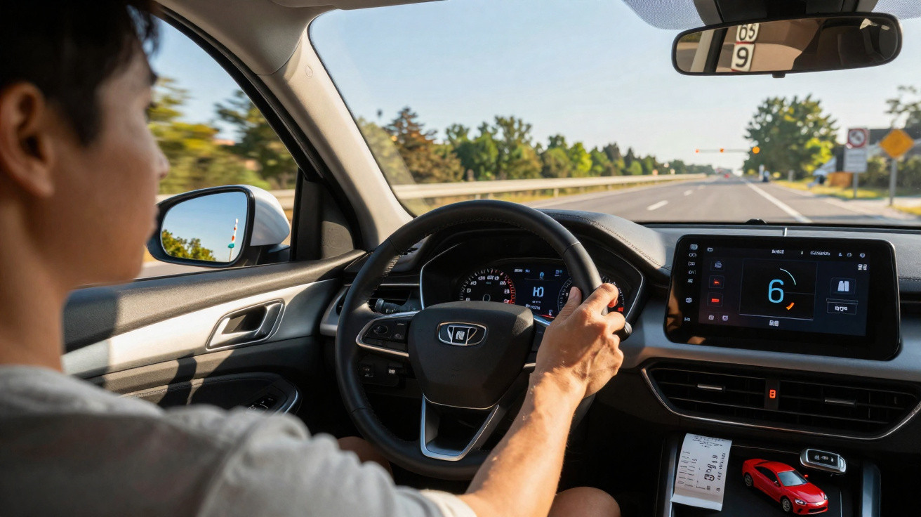 Pessoa a conduzir um carro com painel digital e ecrã multimédia visíveis numa estrada ao sol.