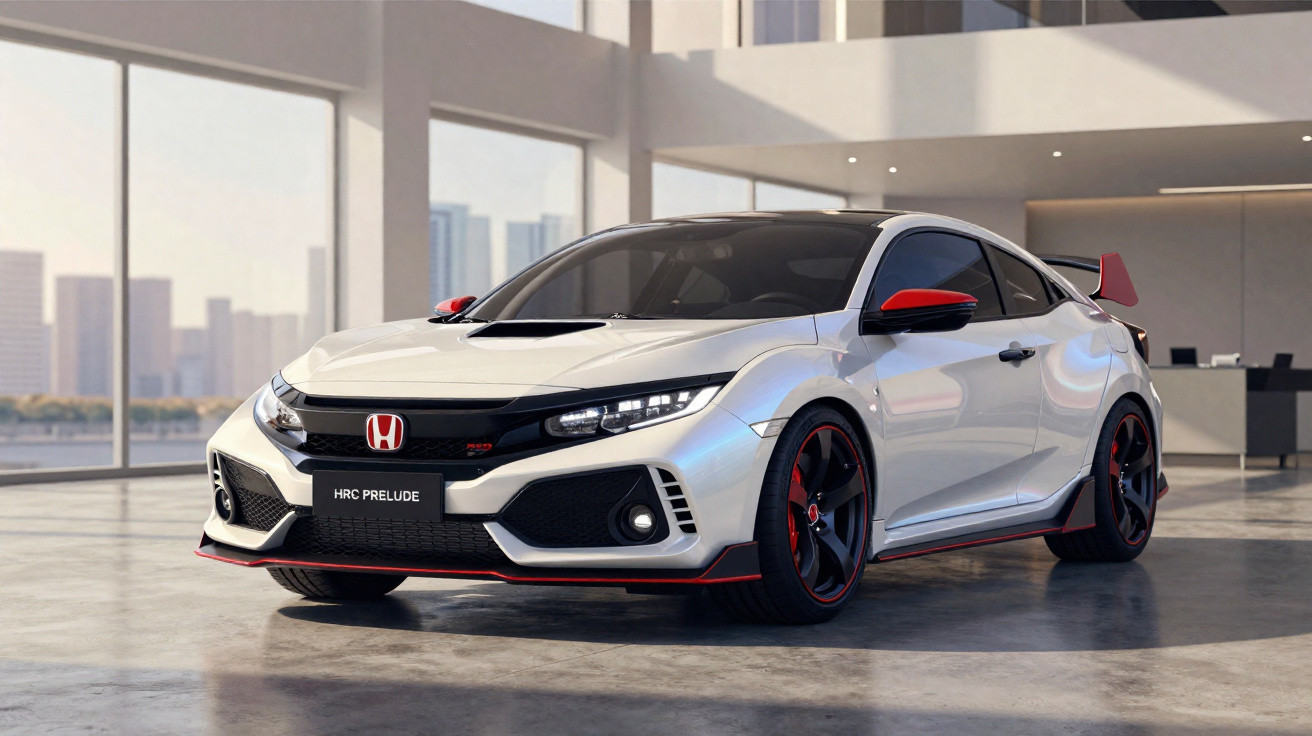 Carro desportivo branco Honda Civic Type R estacionado num interior moderno com janelas grandes.