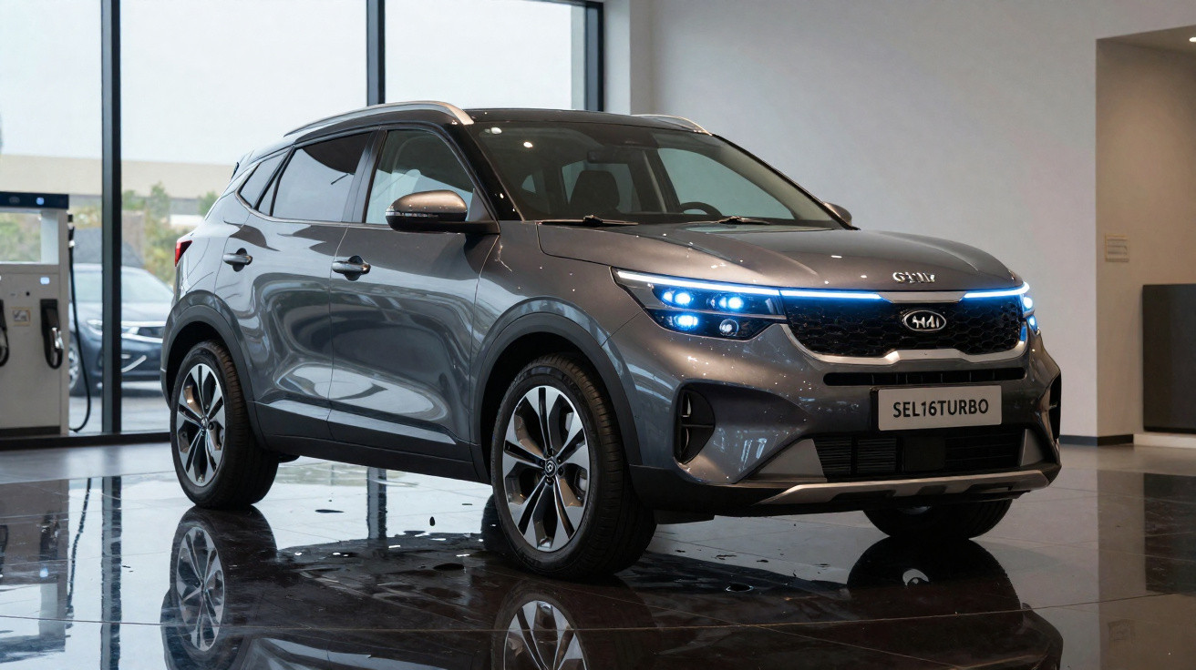 SUV cinzento Kia SEL16TURBO estacionado com luzes dianteiras azuis acesas em interior de showroom.