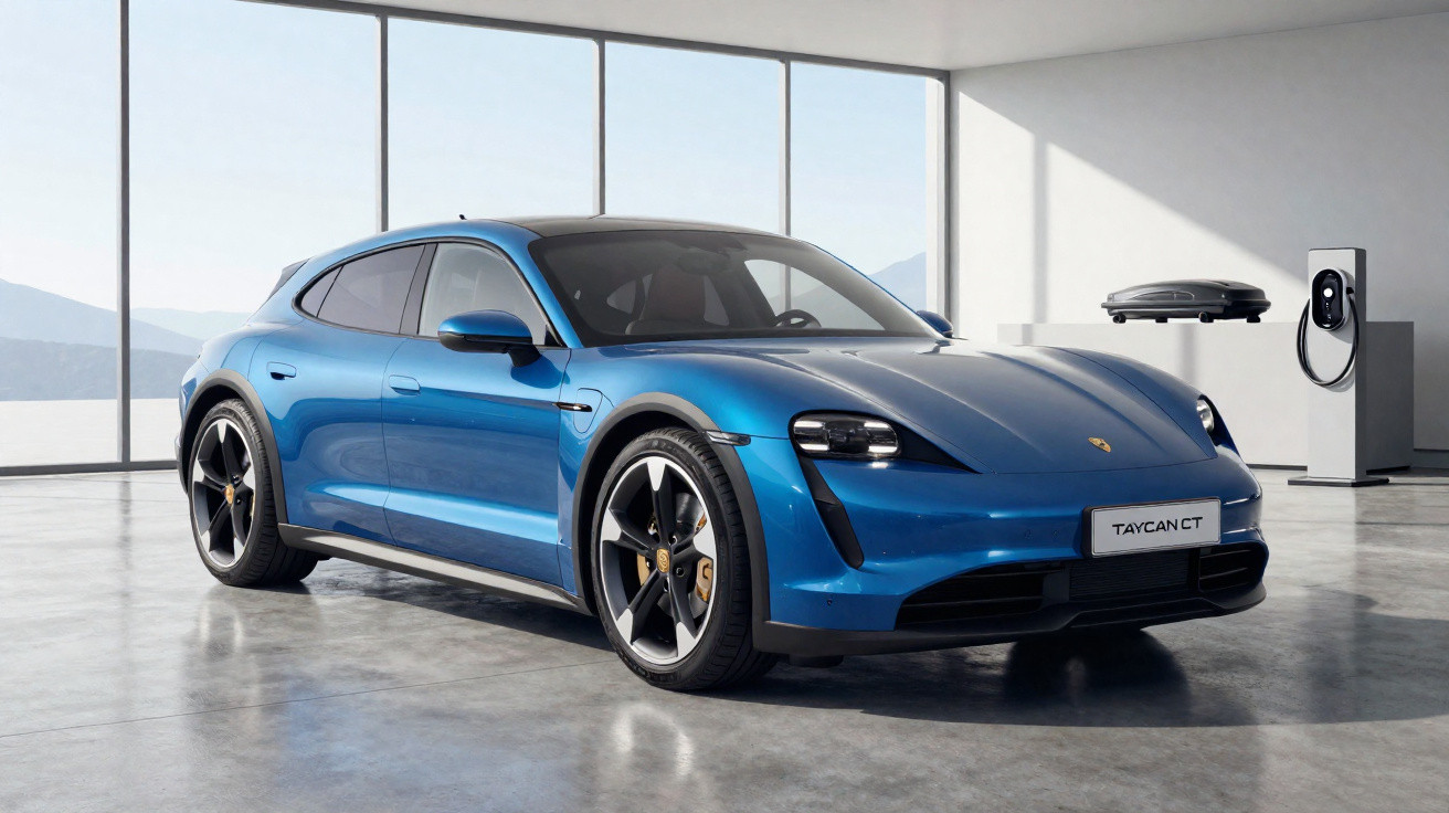 Carro elétrico desportivo azul Porsche Taycan CT numa garagem moderna com painel de carregamento.