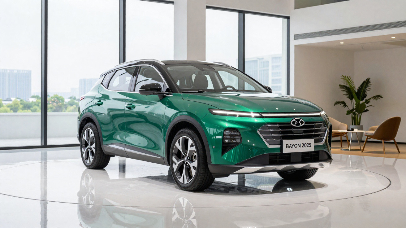 SUV verde metálico Bayon 2025 exibido em showroom moderno com janelas altas e poltronas ao fundo.