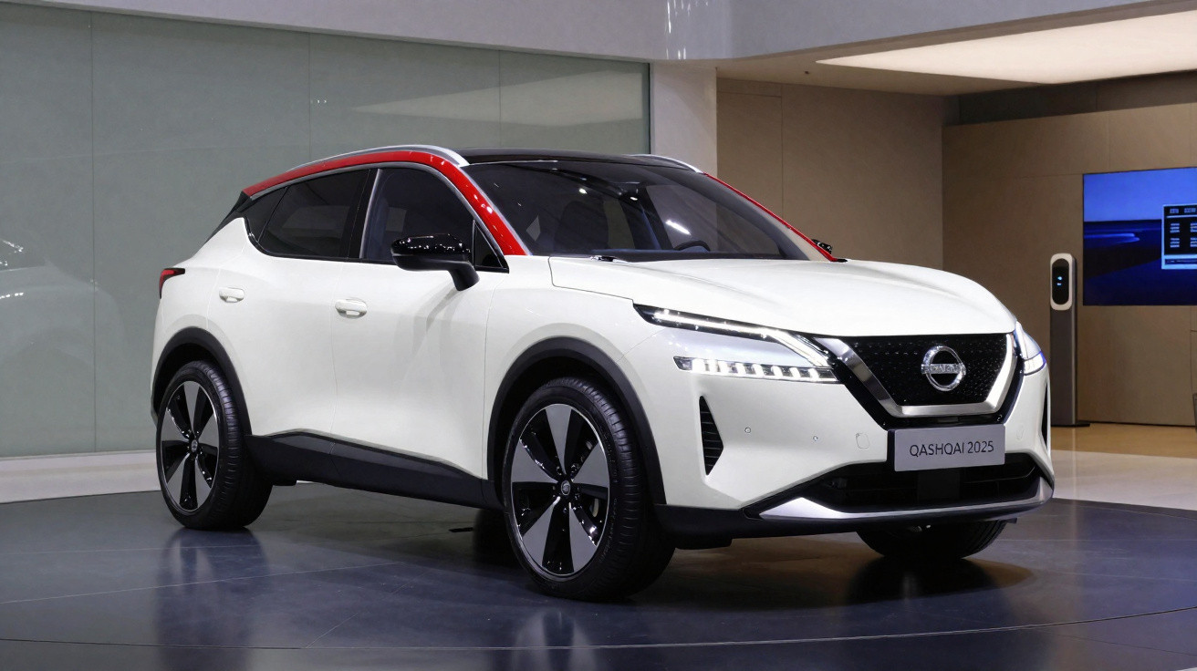 Automóvel elétrico Nissan Qashqai 2025 branco com detalhes vermelhos em exposição interior moderna.