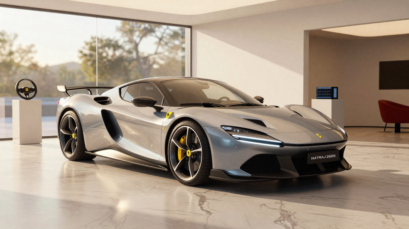 Carro desportivo cinzento Ferrari Nataraj 2026 estacionado num salão moderno com chão em mármore.