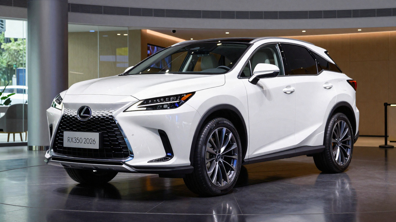 SUV branco Lexus RX350 2026 exposto em showroom moderno com piso refletor.