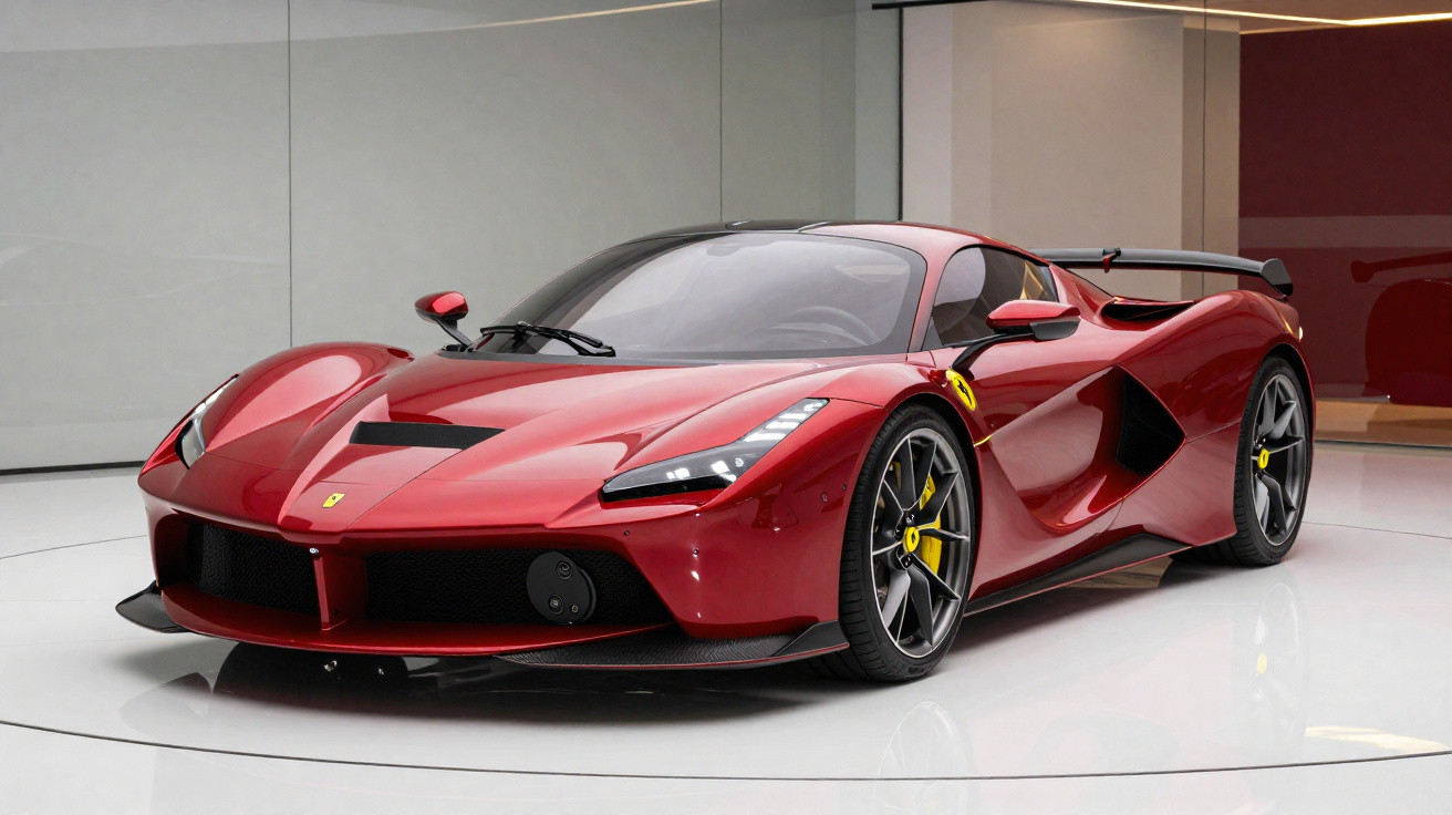 Ferrari vermelha desportiva estacionada em piso branco numa garagem moderna e minimalista.