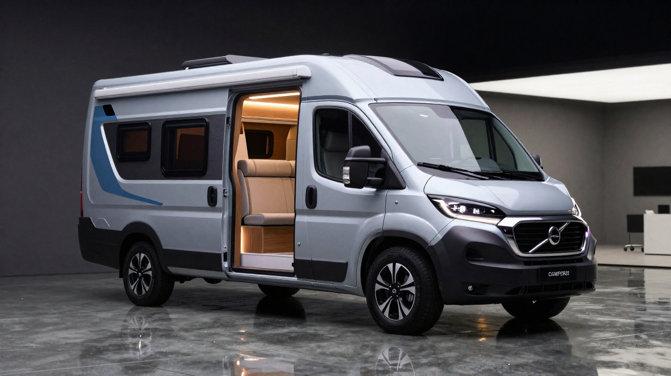 Autocaravana Volvo cinzenta com porta lateral aberta e interior iluminado em espaço moderno.