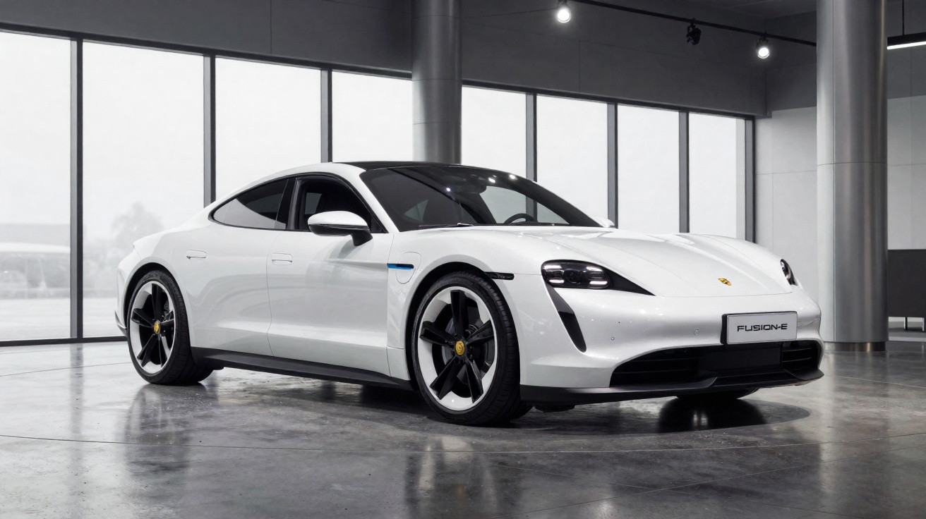 Carro desportivo elétrico branco Porsche Taycan em exposição numa sala moderna com janelas grandes.